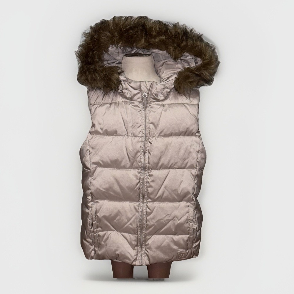 GAP Kids XL Silver Gray Primaloft Hooded Puffer‎ Vest Faux Fur Trim 12-13